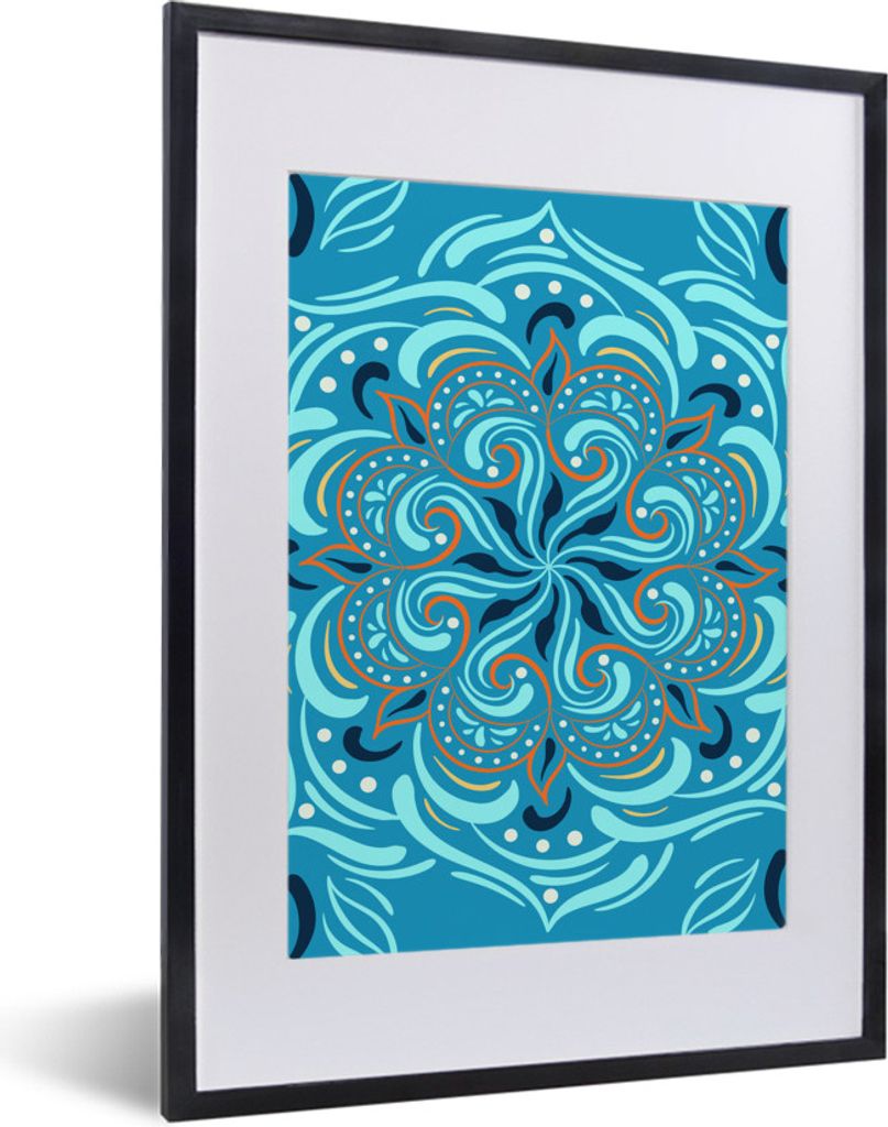 MuchoWow MuchoWow Gerahmtes Poster Blume - Blau - Orange - Muster 30x40 cm - Poster mit zchwarzem Bilderrahmen - Wandposter Schlafzimmer