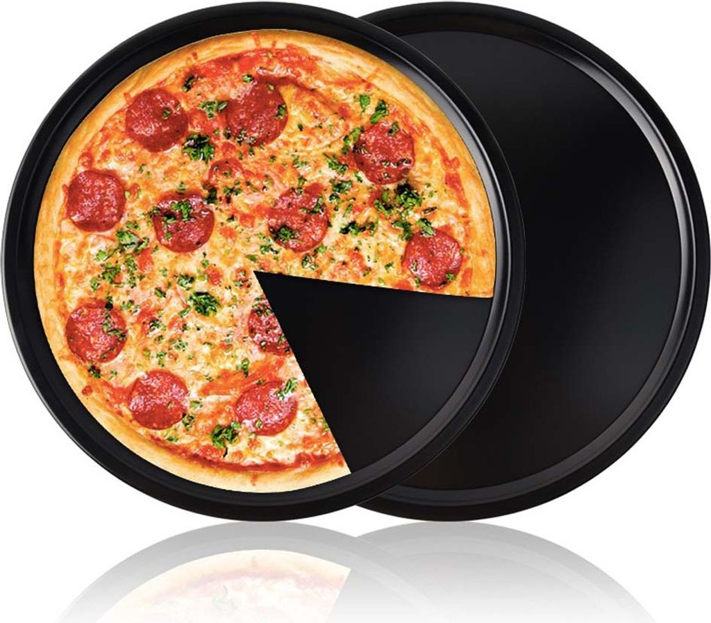 CANDeal 2 STÜCK Pizza Blech Pizzablech Backblech rund aus Blaublech Ø 34cm ideal auch für Flammkuchen oder Zwiebelkuchen zum überbacken oder gr...