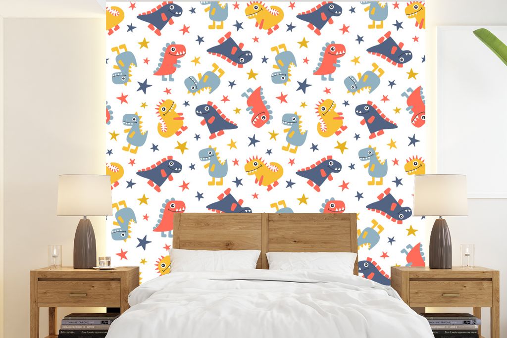 MuchoWow Fototapete für Wohnzimmer oder Schlafzimmer Wandtapete Vinyl Motivtapete Muster - Dino - Sterne - Jungen - Baby - Kinder - Kinder - 200...