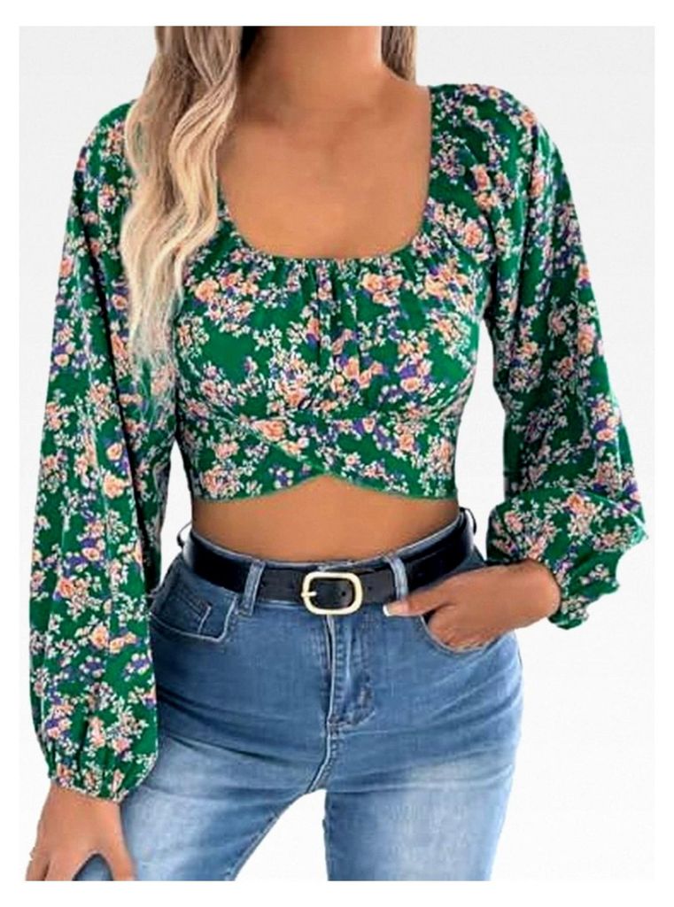 Damenbluse mit Boho Blumenärmeln, quadratischem Ausschnitt, Crop Top, Langarm, Rückenbindegürtel, lässiges Shirt, Laternenärmel, bauchfreies T...