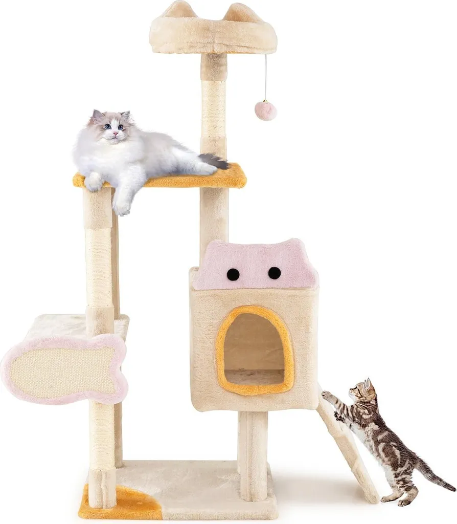 Arbre à chat en sisal et peluche avec niche cachée et griffoir poisson