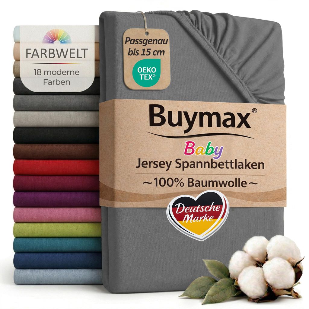 Buymax Baby Spannbettlaken 60x120 cm Anthrazitgrau, Jersey 100% Baumwolle, Kinderbett Bettlaken, bis 15 cm Matratzenhöhe