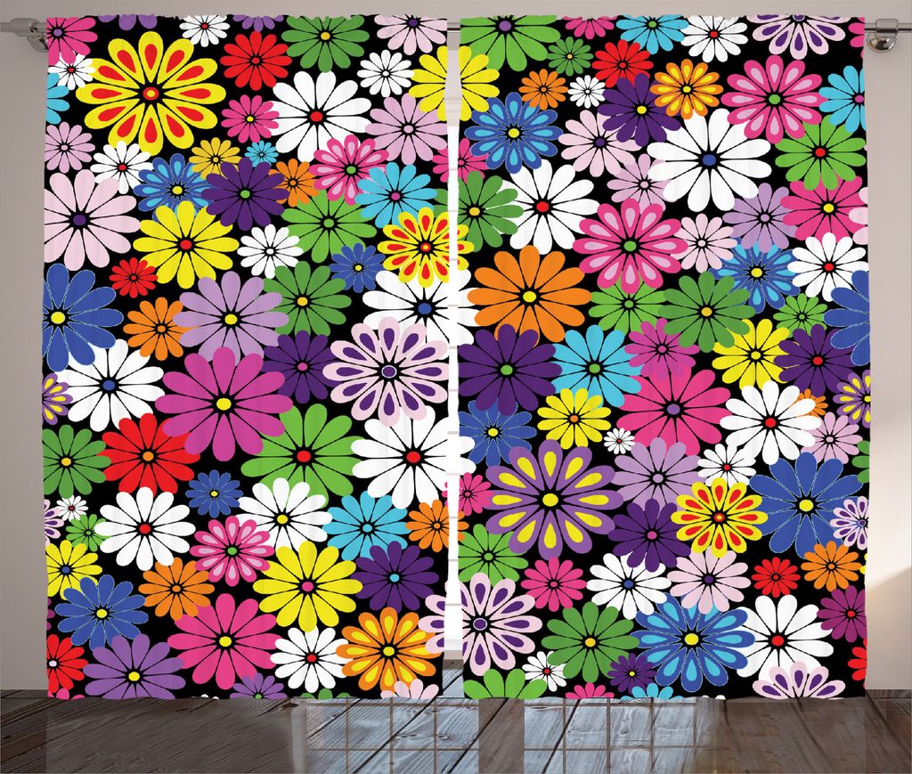 ABAKUHAUS Blume Rustikaler Vorhang, Floral Vivid Gänseblümchen, Wohnzimmer Universalband Gardinen mit Schlaufen und Haken, 280 x 175 cm, Mehrfarbig