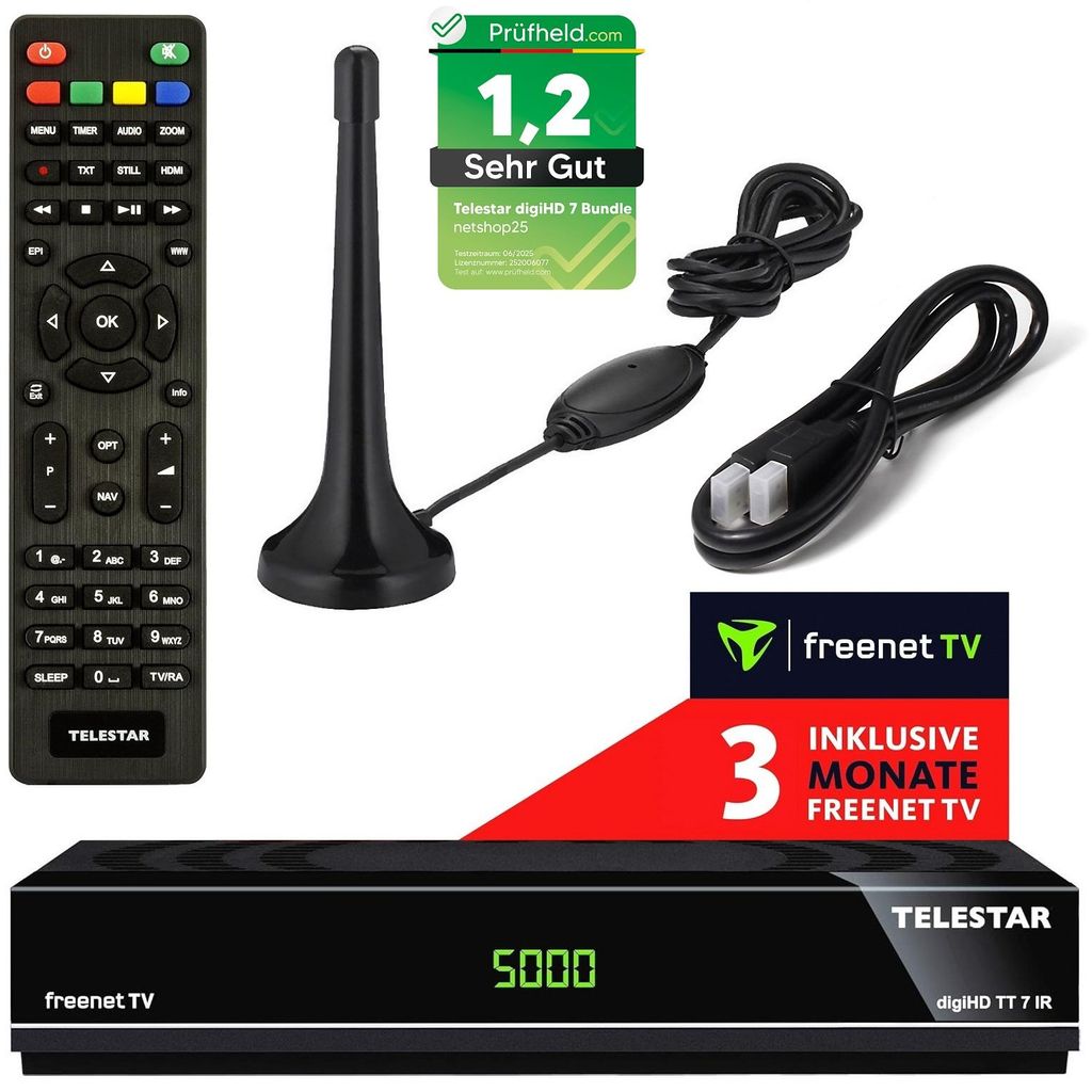 Telestar DVB-T2 Receiver + 3 Monate Freenet GRATIS + DVB-T Antenne + HDMI Kabel, HDTV, PVR Ready, HD USB Mediaplayer, HDMI (Hybrid Receiver für DV...