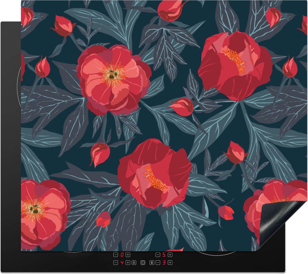 KitchenYeah Herdabdeckplatte Blumen - Rot - Blätter - Muster , 59x52cm, Küche Deko, Glaskeramikfeld Herdabdeckung, Abdeckplatte fùr Kochfeld