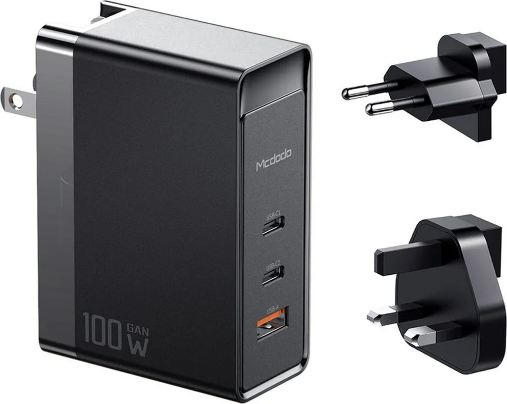 Mcdodo 100W GaN 3 porte Caricatore da parete Caricatore rapido 2x Type-C + porte USB Caricatore rapido nero