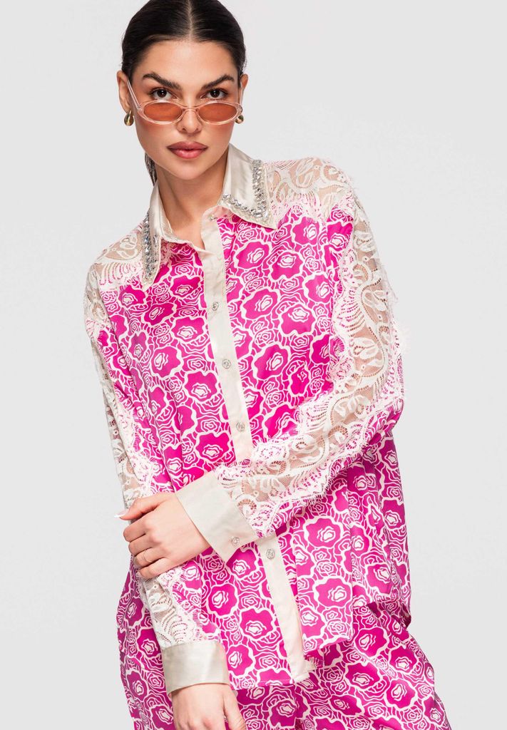 LARICA Damen Bluse Beige mit Spitze & Knopfleiste OW-SH-E0023 fuchsia M/L