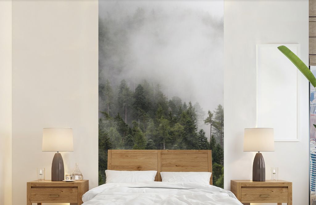 MuchoWow Fototapete für Wohnzimmer oder Schlafzimmer Wandtapete Vinyl Motivtapete Wald - Nebel - Berg - 120x240 cm - Hintergrundbild