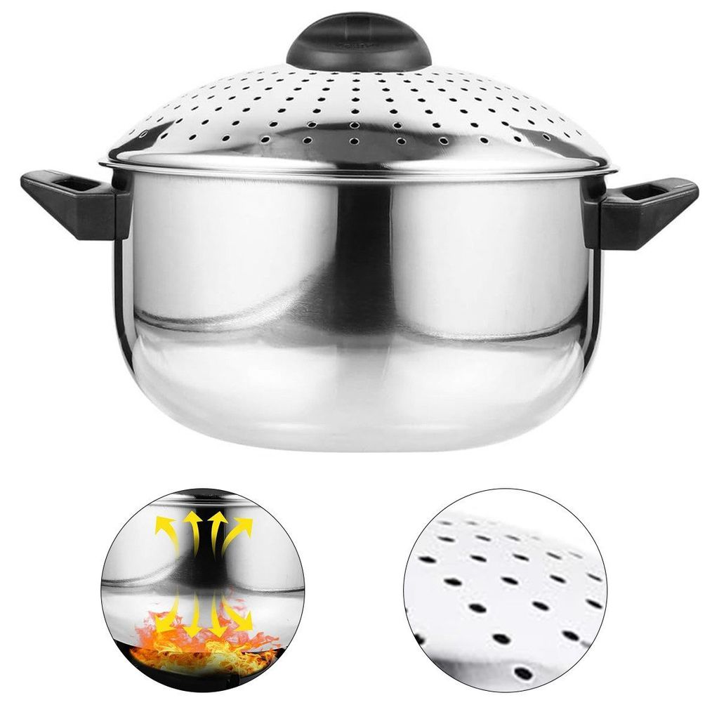 A stainless steel pot with a perforated lid, shown with inset diagrams illustrating steam rising from boiling water and a close-up of the lid's perforations.
