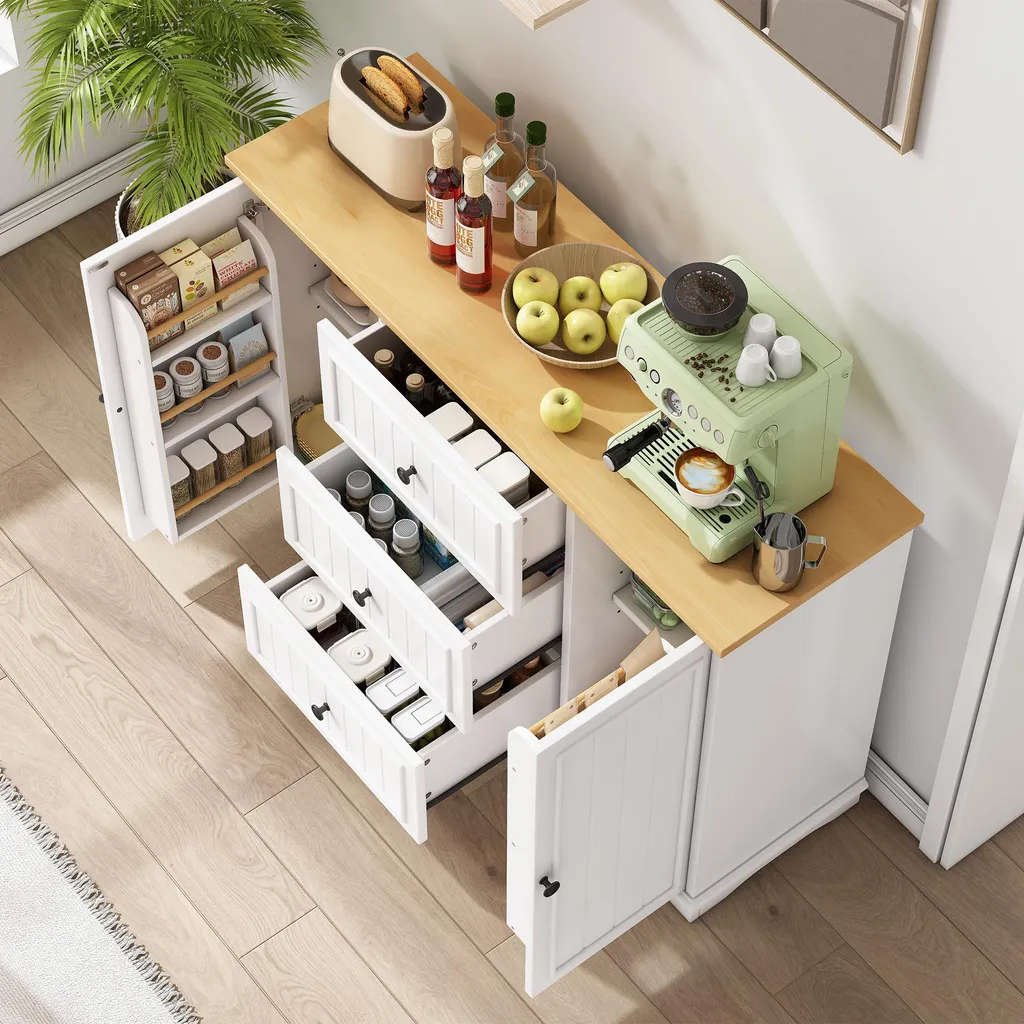 Buffet moderne Merax blanc avec 3 tiroirs et portes style frigo - 4