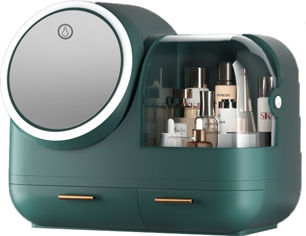 A makeup organizer with a mirror and drawers, filled with various cosmetic products.