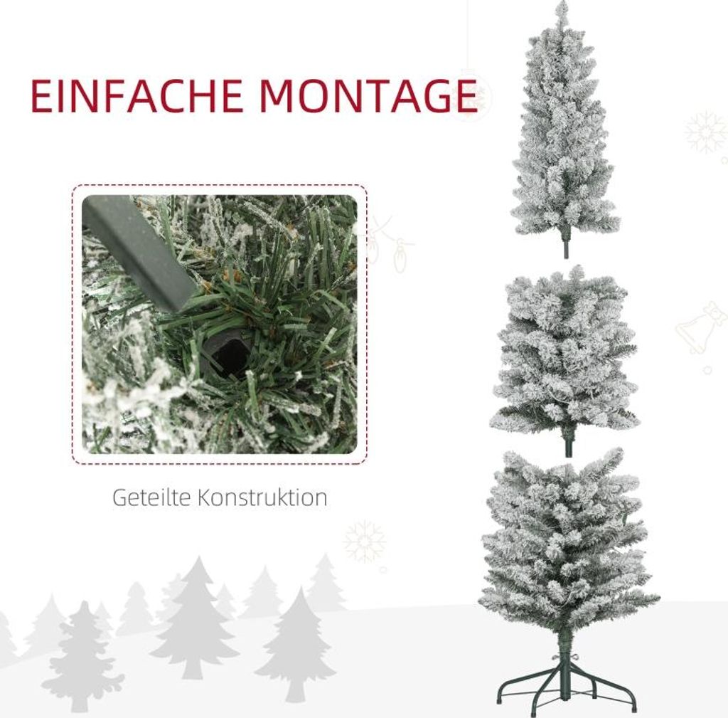 FORSMANO Künstlicher Weihnachtsbaum, 180 cm, LED-Lichterkette, Metallständer, Flammhemmend, Schlank, Schneebedeckt