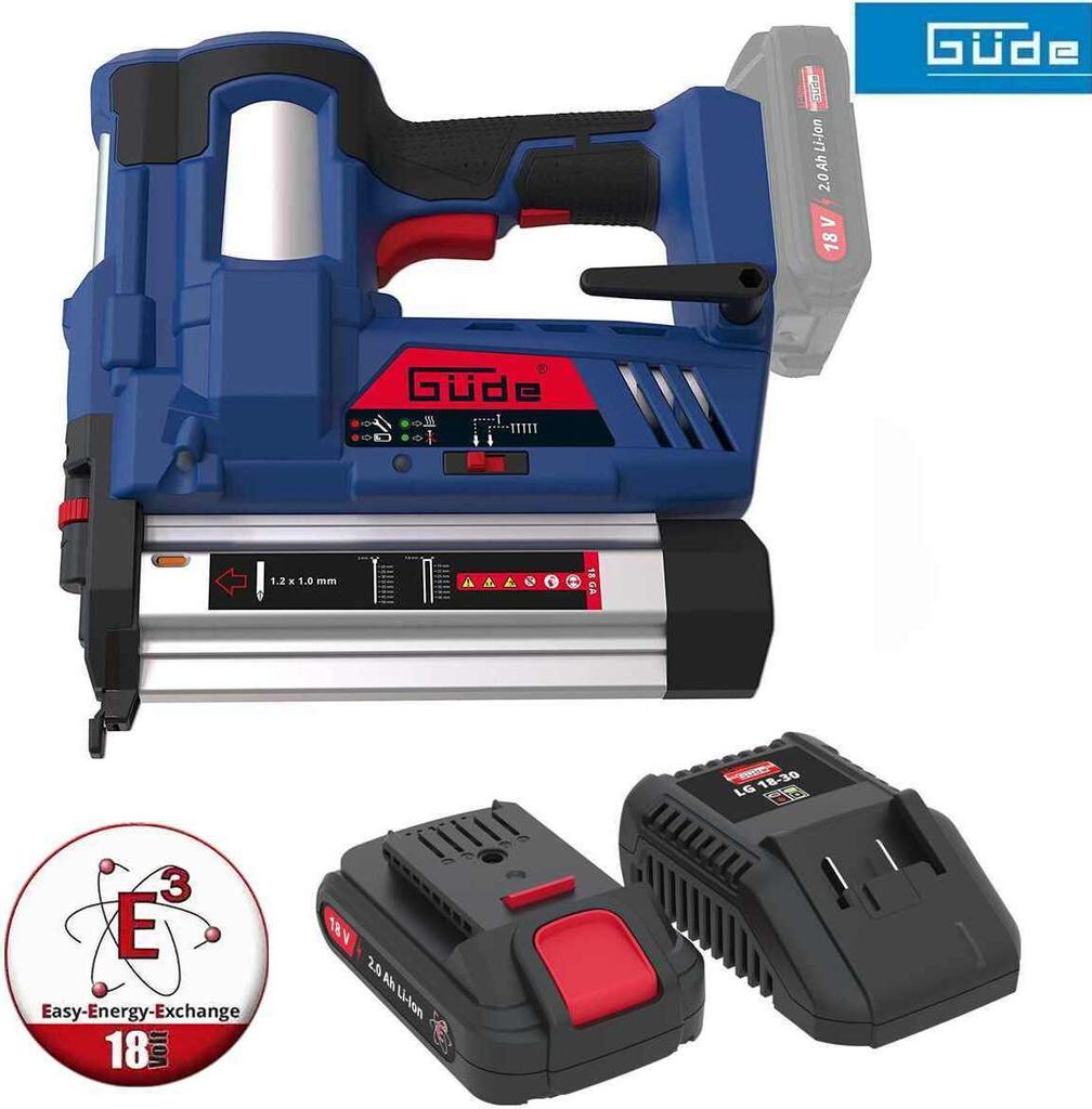 Güde Akku Tacker Nagler Klammergerät 18V m.Akku 2,0 Ah / Ladegerät Nägel bis 50mm