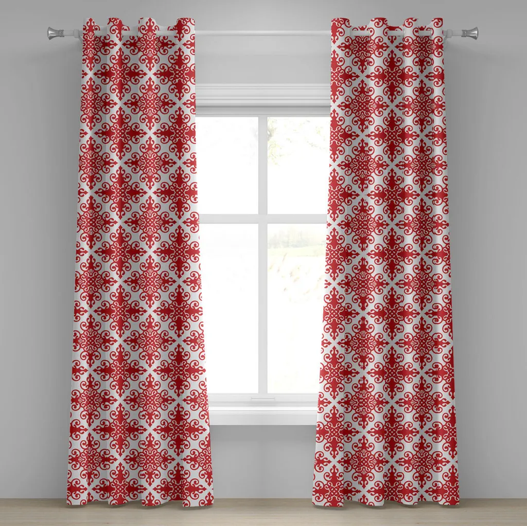 ABAKUHAUS Tenda con occhielli rossa, stile western Motivo floreale a volute Linee ondulate Ornamento antico reale con cornice, Tende decorative a 2 pannelli, 280 cm x 175 cm, Bianco Rosso