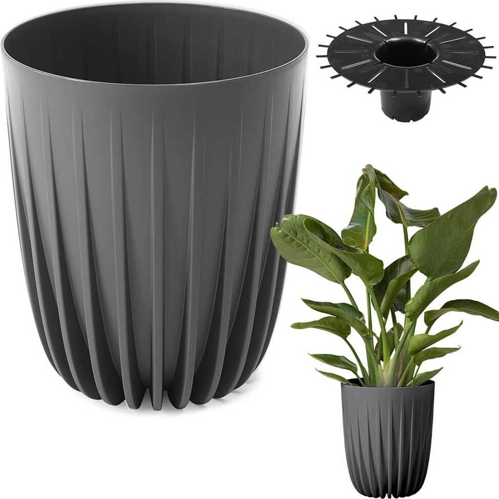 A gray planter with a decorative ribbed texture is shown next to a smaller planter with a plant inside. A black drainage insert is also visible.