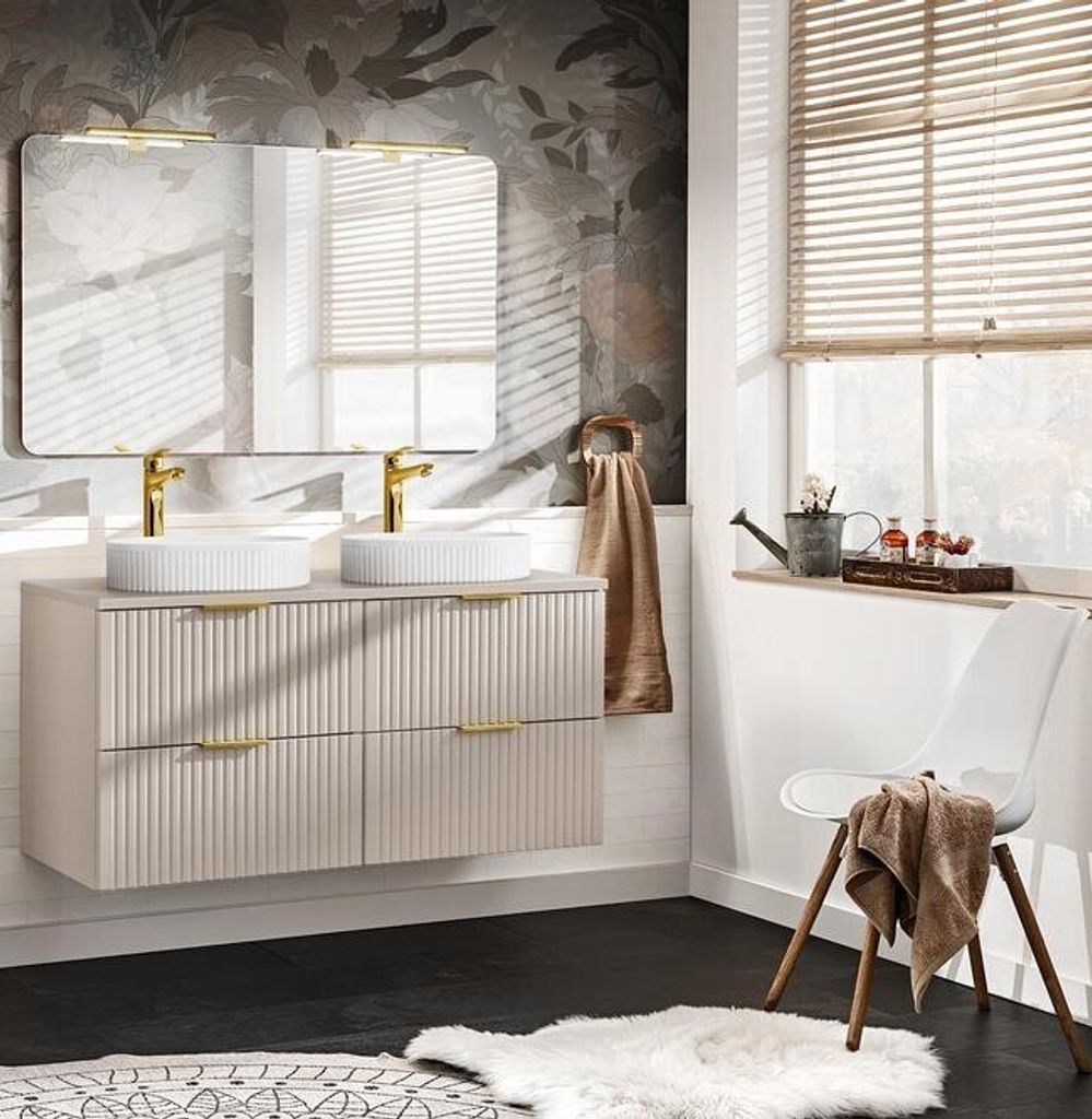 Design Badmöbel Set mit 2 Waschbecken ADEL CASHMERE 120 cm MDF SOFT-CLOSE Waschtisch Spiegel
