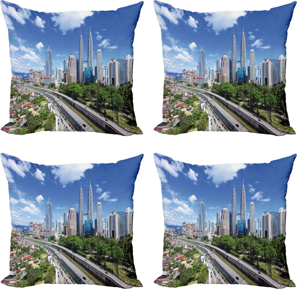 ABAKUHAUS Stadt Kissenbezug Set (4 Stück), Kuala Lumpur in Clear Day, Moderner Doppelseitiger Digitaldruck, 40 cm x 40 cm, Pale Grau Blau Grün