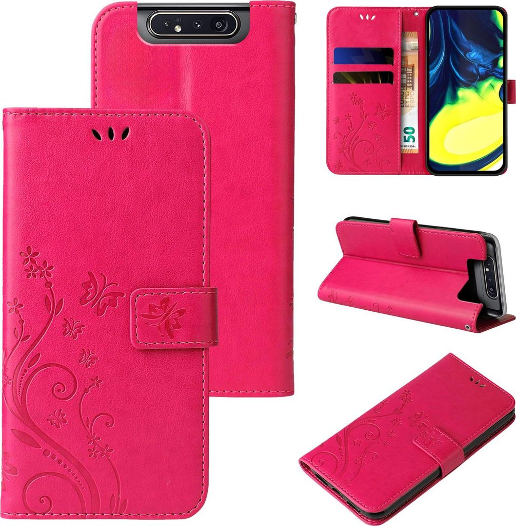 Handyhülle für Samsung Galaxy A80 Floral Blumen Schmetterling Flip Cover Hülle Case Klapphülle Handytasche Farbe: Pink