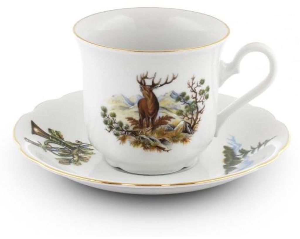 Mary-Anne, Teetasse mit Untertasse, Jägermotiv, goldener Produktbild 
