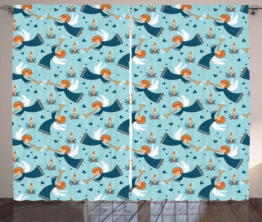 ABAKUHAUS Engel Rustikaler Gardine, Winged Mädchen Trompete, Schlafzimmer Kräuselband Vorhang mit Schlaufen und Haken, 280 x 175 cm, Pale Blau Or...