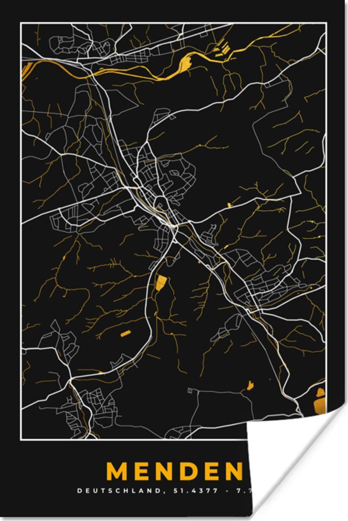 MuchoWow Poster Stadtplan - Deutschland - Gold - Menden - Karte 60x90 cm - Wanddekoration