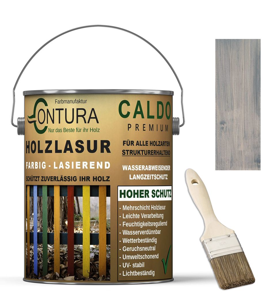 Contura Holzlasur Langzeitschutz Lasur + Pinsel Holz Außen Dauerschutzlasur Holzfarbe - 2,5Liter + Pinsel / Silbergrau - K6895
