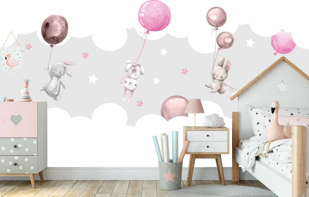 DECO WALLS Fototapete Kinderzimmer Hasen und Luftballons - Außergewöhnliche Haltbarkeit XXL 260x390 cm