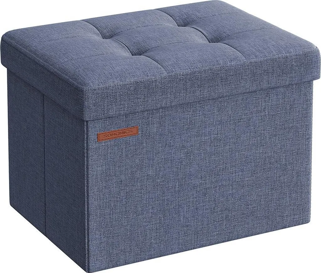 Banc coffre de rangement capitonné bleu denim clair pour salon et entrée