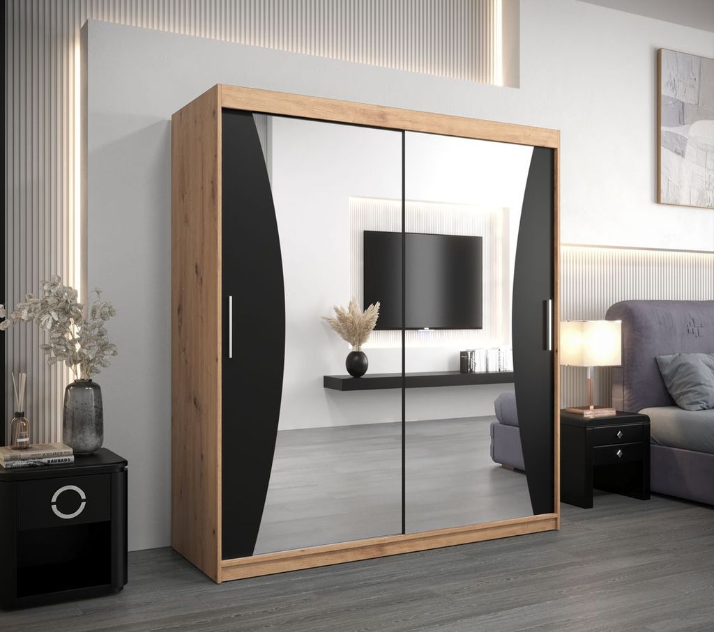 Kleiderschrank mit Schiebetüren MARTA – Breite 180 cm, Eiche handwerklich / schwarz