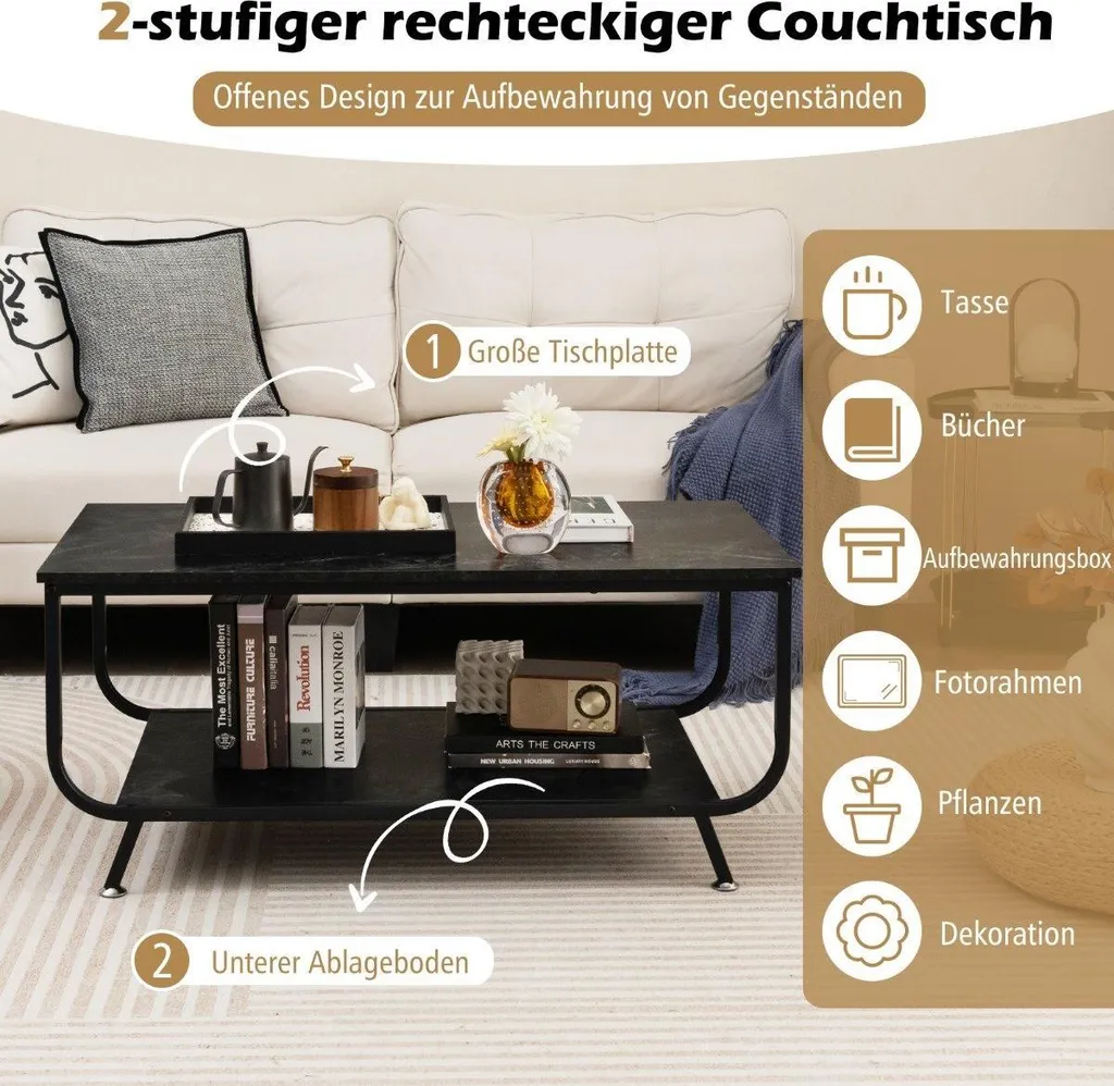 Table de salon rectangulaire en marbre noir avec double plateau chic - 2