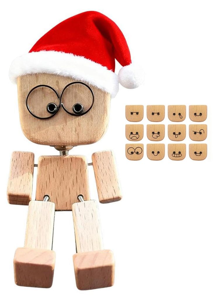 1 Set Weihnachtsmann-Figur aus Holz mit wackelnden Beinen und 12 magnetischen Gesichtsausdrücken, handgefertigt, lustig, für Auto-Armaturenbrett,...