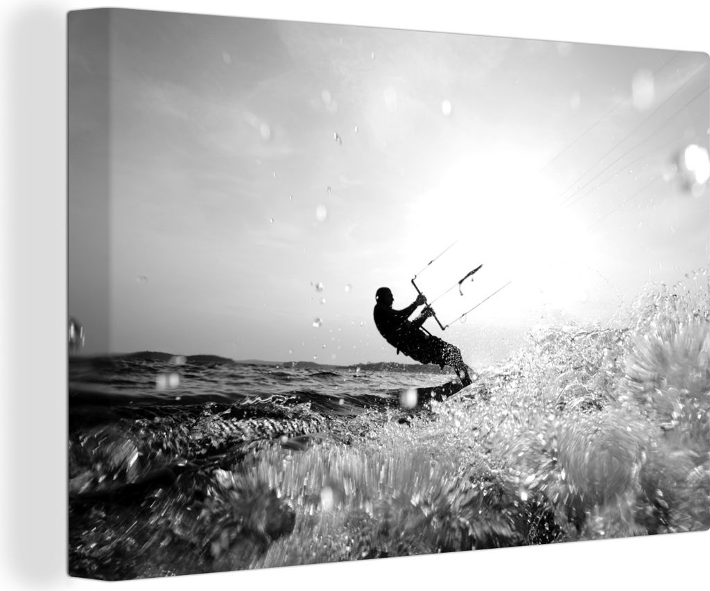 OneMillionCanvasses - Leinwandbilder - 150x100 cm, Kitesurfender Mensch - schwarz und weiß, Wandbilder Kunstdruck Wanddekoration