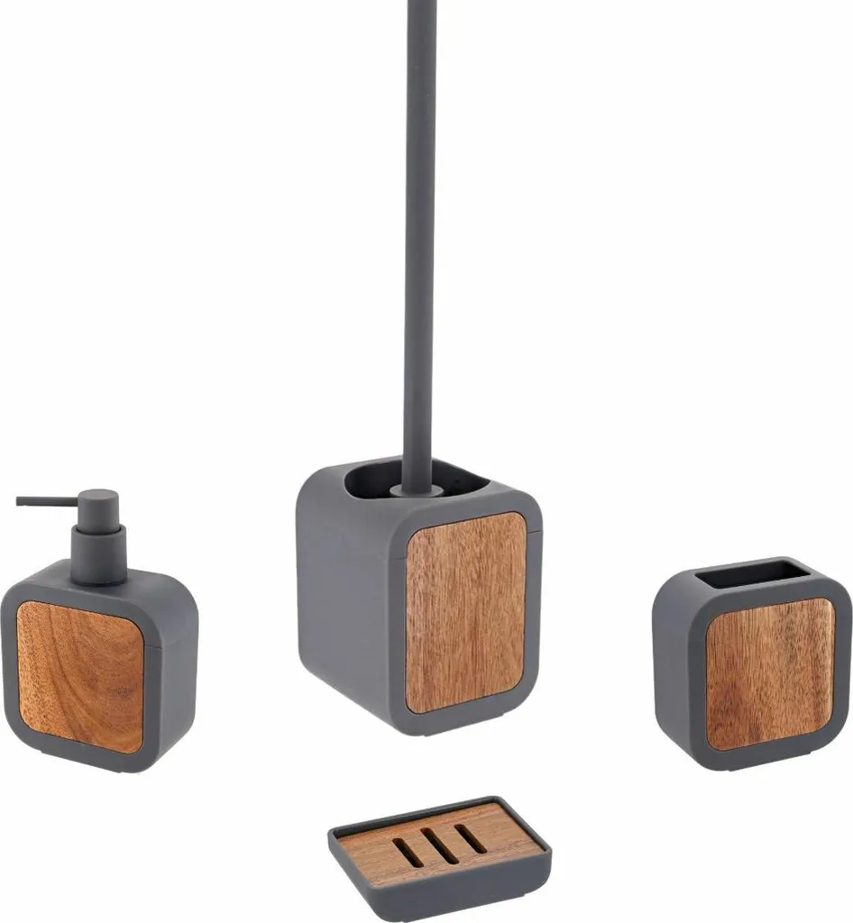 TENDANCE | Accessori per il bagno - Set da bagno - Arredamento per il bagno - Legno di acacia e gomma - Grigio marrone - Set da 4 pezzi - Set da bagno