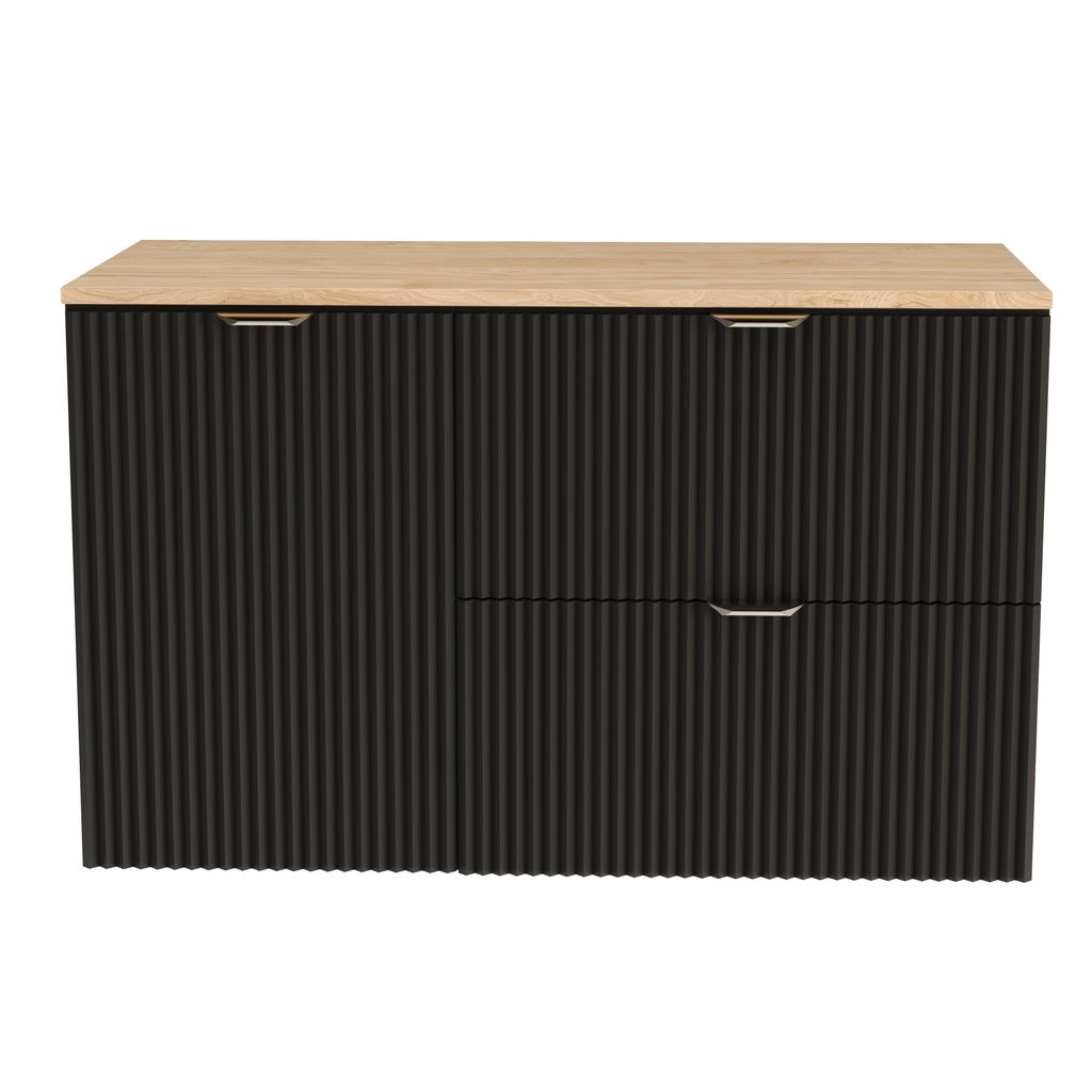 A front view of a black vanity cabinet with a wooden top and ribbed doors.