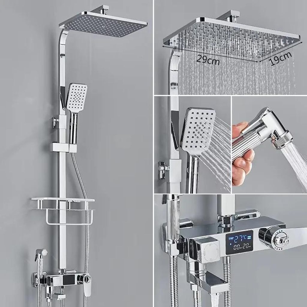 Duschsystem mit Digitalanzeige - Thermostat 4-Wege Mischer - 20 cm Regendusche - Dreh- und höhenverstellbare Stange - Einhebelmischer - Keramik-Ka...
