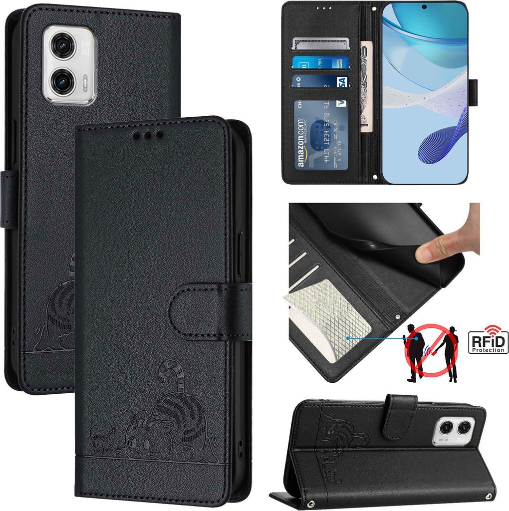 Leder Hülle für Motorola Moto G73 Süße Katze Flip Case Brieftasche Schutzhülle mit Standfunktion Schwarz