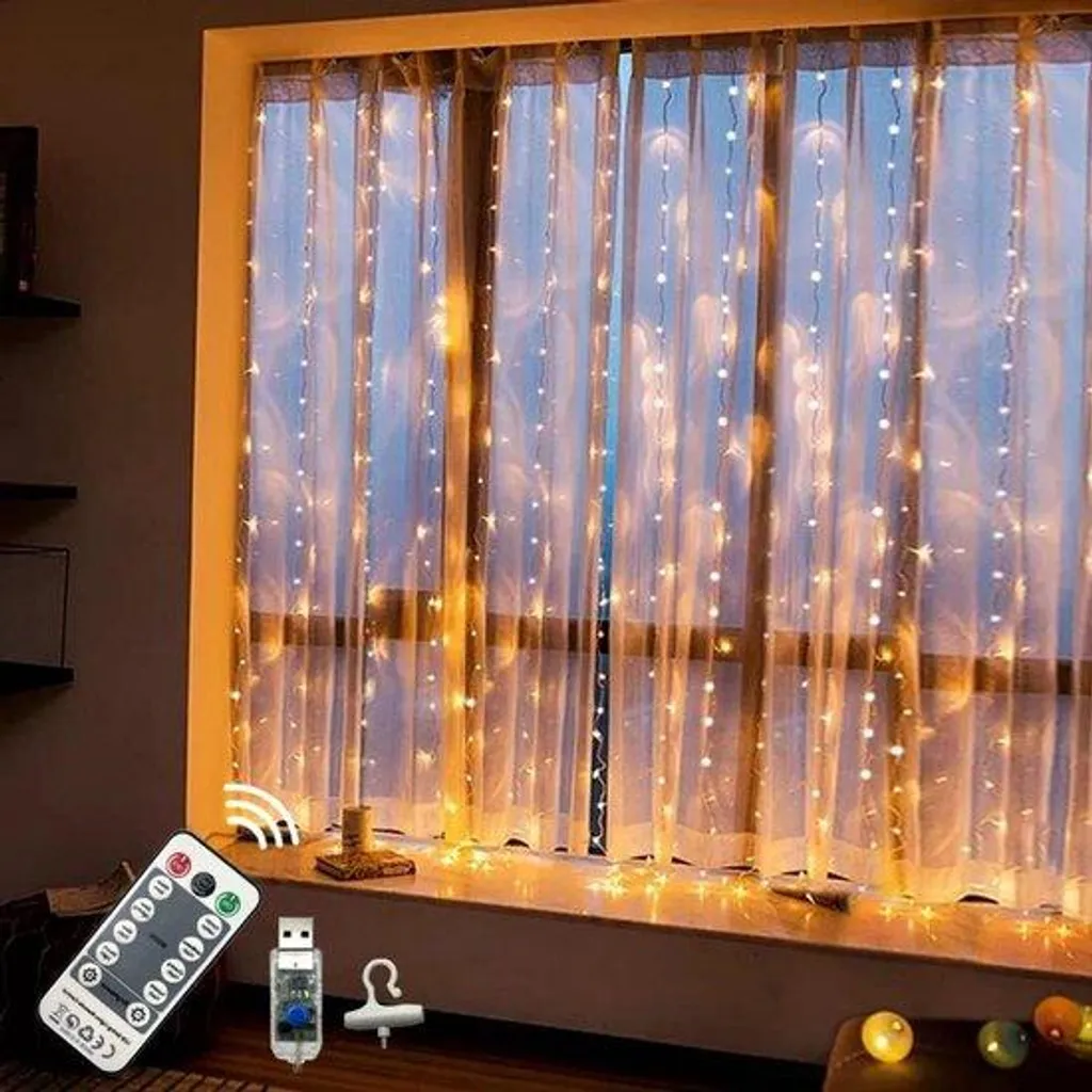 Guirlande rideau LED étanche 24m USB avec 8 modes d'éclairage et minuterie
