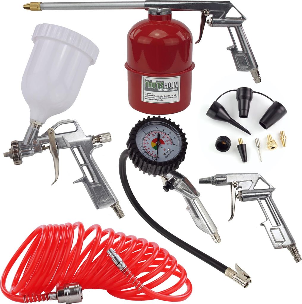 Druckluft Set Reifenfüller Ausblaspistole Farbspritzpistole Sprühpistole Spiralschlauch Düsen 13 tlg. Druckluftzubehör