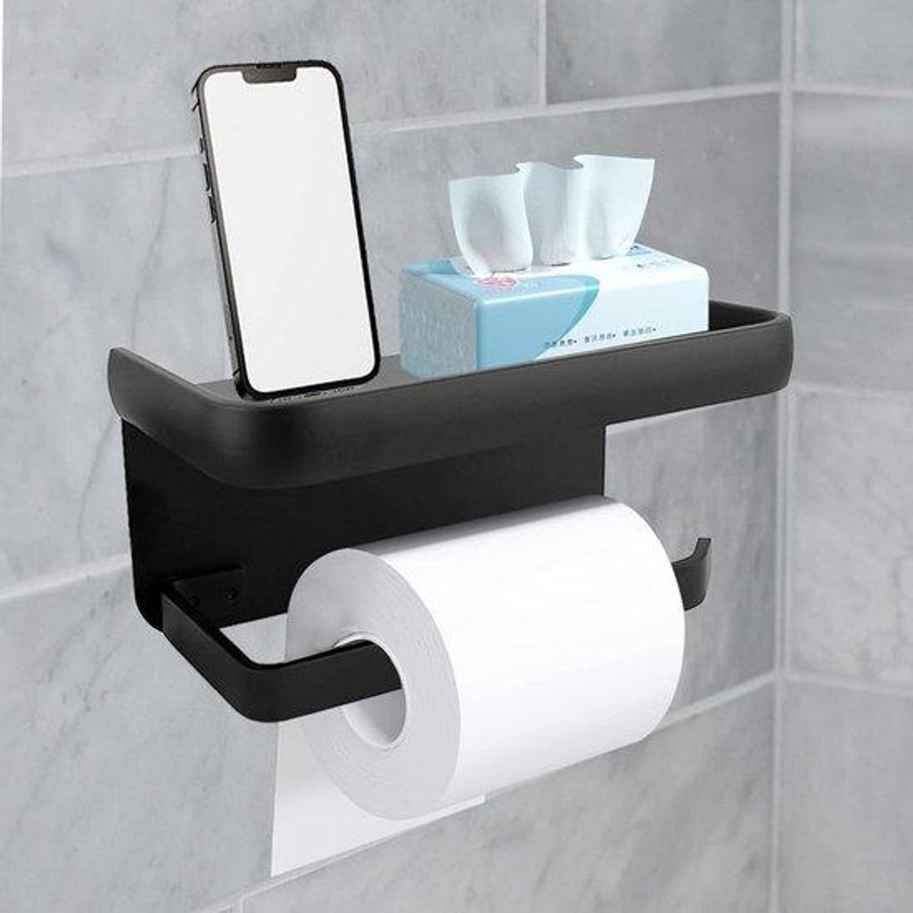 Toiletrolhalter mit Telefonplatte - WC Papierhalter - Borenbefestigung / Selbstklebend - Edelstahl - Schwarz
