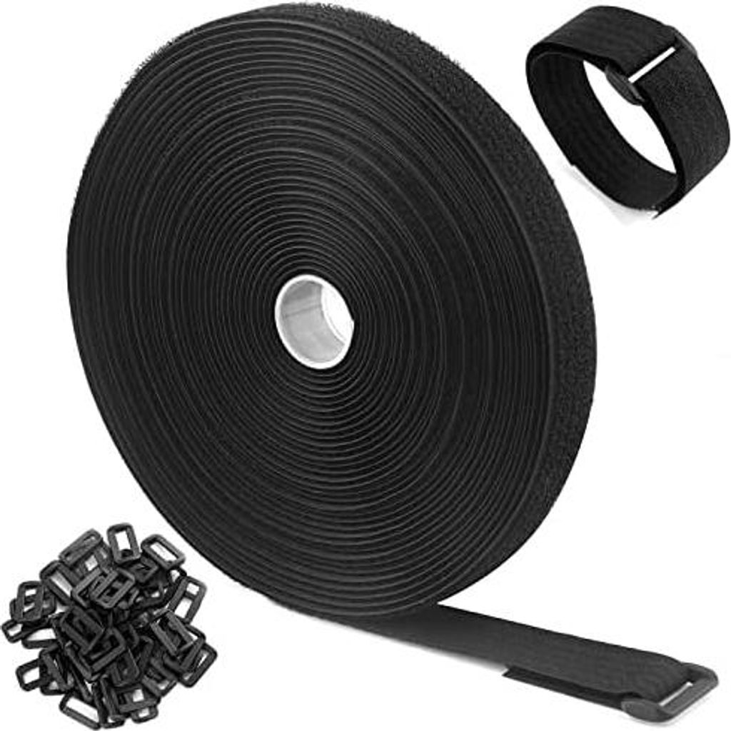 10m x 2cm Klettband mit 50 Schnalle, Freie Schnittlänge Klett Kabelbinder Wiederverschließbar, Kabel Klettbinder Klettverschluss Band Schwarz, 2c...