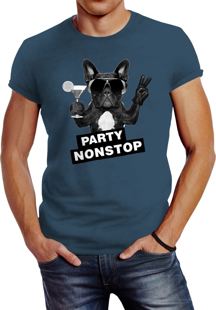 Herren T-Shirt Party Nonstop Mops French Bulldog Slim Fit Neverless denim blue L