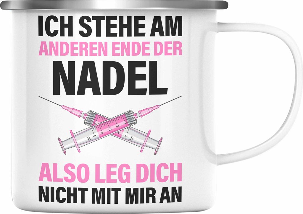 Trendation - Krankenschwester Emaille Tasse Geschenk Propofol Spritze Geschenk Krankenschwestern Emaille Emaille Tasse Ärtzin Arzthelferin (Silber)