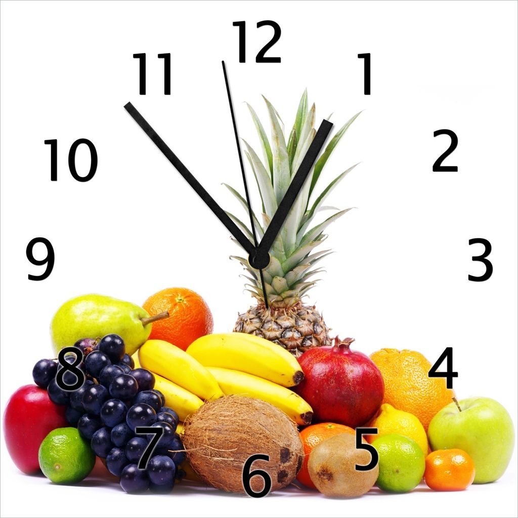 Wallario Design Wanduhr Gemischtes Obst aus aller Welt - Exotische Obstsammlung aus Echtglas, Größe 30 x 30 cm
