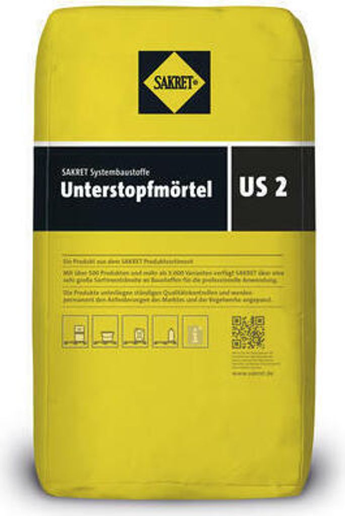 A yellow bag of SAKRET Unterstopfmörtel US 2.