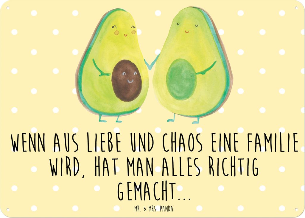 Mr. & Mrs. Panda Wandbild Avocado Pärchen DIN A6 - Gelb Pastell - Geschenk, Kinder, Geburt, Familie, tafel, Schild, wandtafel, Blechtafel, Türschild