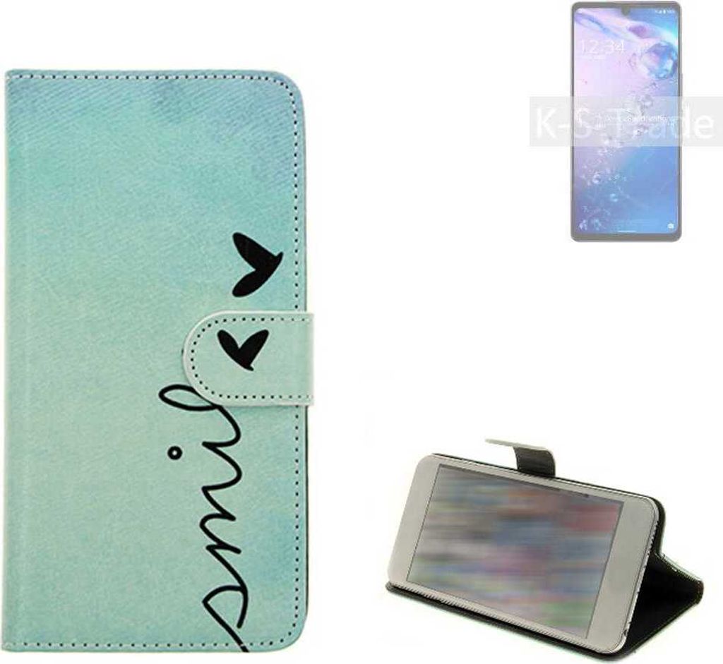 K-S-Trade Schutz Hülle Handy Hülle kompatibel mit Sharp Aquos Zero6 Hülle Handyhülle cover bookstyle Etui Handyhülle ''smile'' türkis