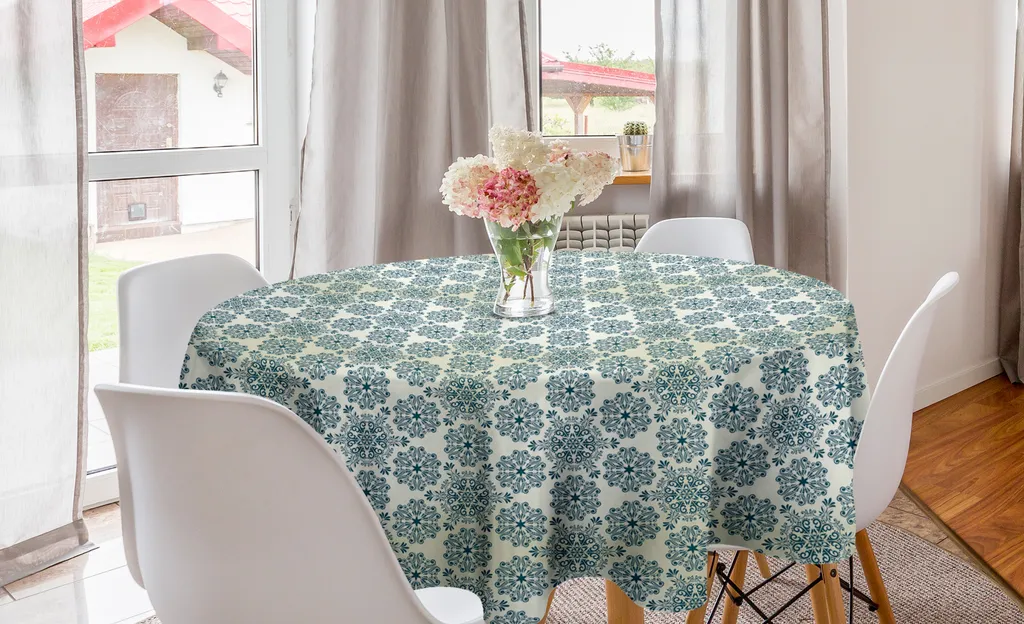 ABAKUHAUS Tovaglia rotonda invernale, stile mandala, tovaglia circolare per decorare la sala da pranzo e la cucina, 150 cm, color crema verde acqua