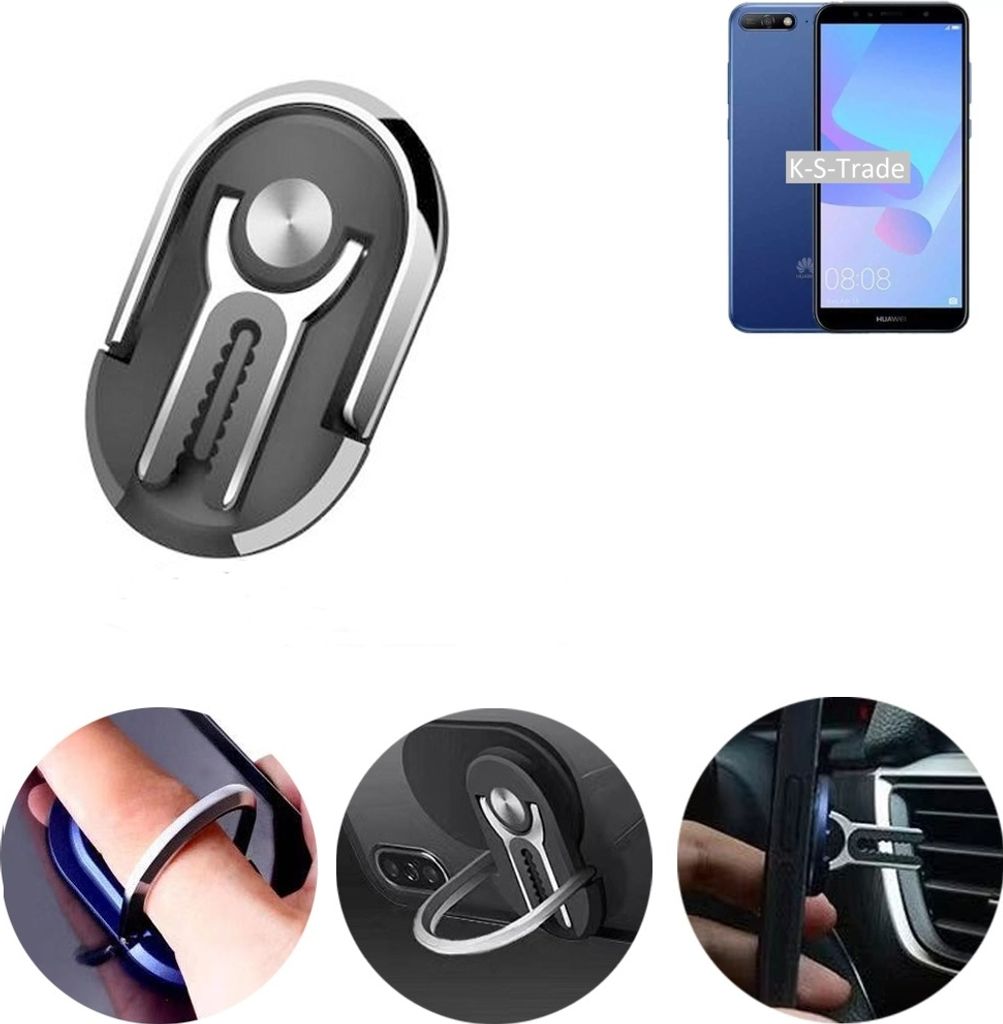 K-S-Trade 3in1 Smartphone-Ring Handy-Ring kompatibel mit Huawei Y6 (2018) Dual-SIM Fingerhalterung Handyring Tischständer Lüftungsgitter-Halterung