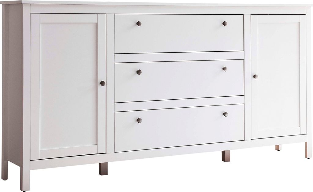 A white dresser with three drawers and two side cabinets.