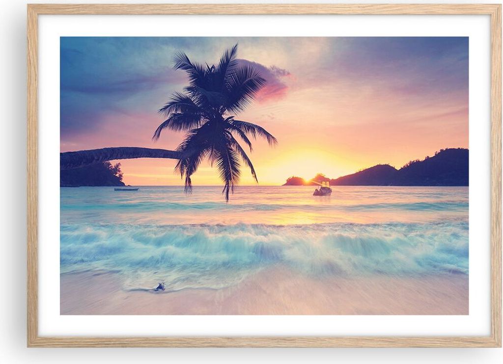 Gerahmtes Poster - Rahmen in heller Eiche - Meer Strand Palme - 70x50 cm - Wand Bild - Wanddeko - Wandbilder - Wandposter - Bilderrahmen - Bilder -...